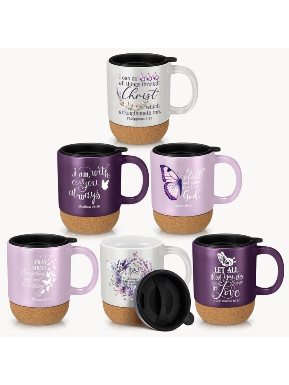 Colorful Butterfly Christian Coffee Mugs Set of 6 with Lids, 15oz - Perfect